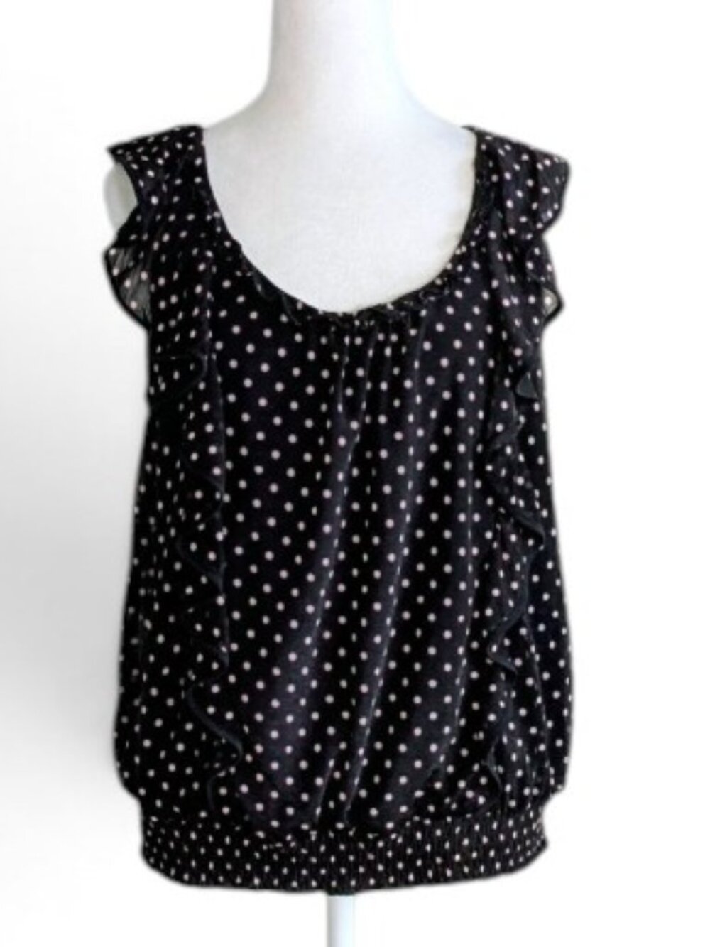 ELLE Women's Sleeveless Ruffle Accent Top Blouse Size M Black Polka Dot
